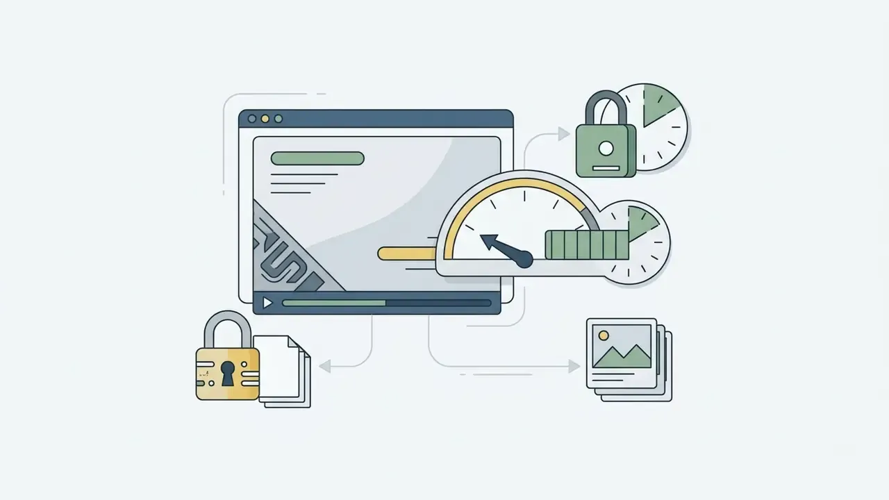 Browser window showing video export restrictions with a padlock, speed gauge, and file icons