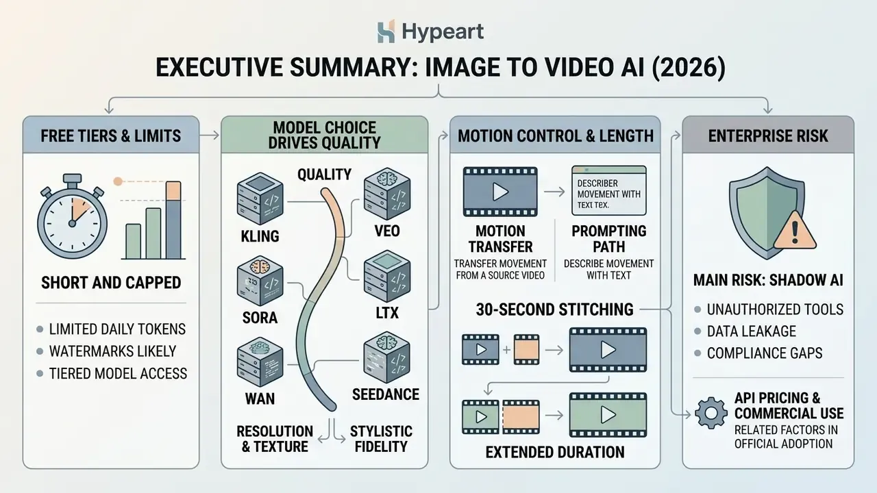 Infographic outlining free tiers, model quality, motion control, and enterprise risks for image to video AI
