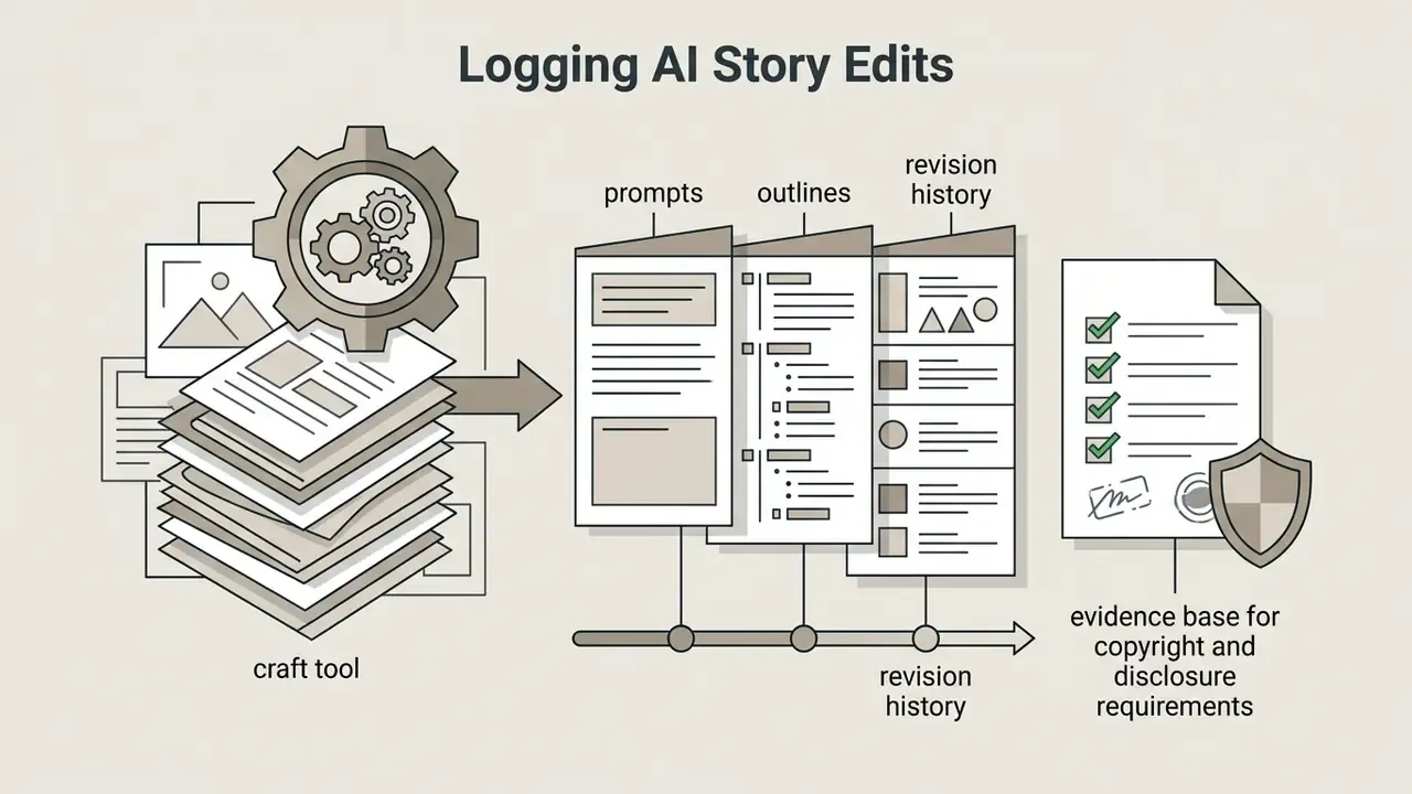 Stack of documents processed by gears into prompts, outlines, and a checklist for copyright evidence