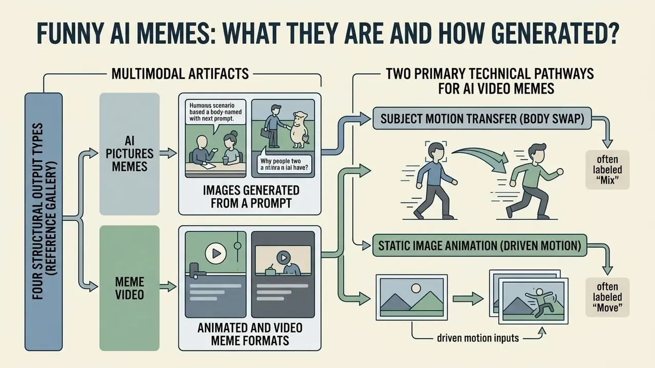 Infographic explaining the structural types and technical pathways used to create funny AI memes