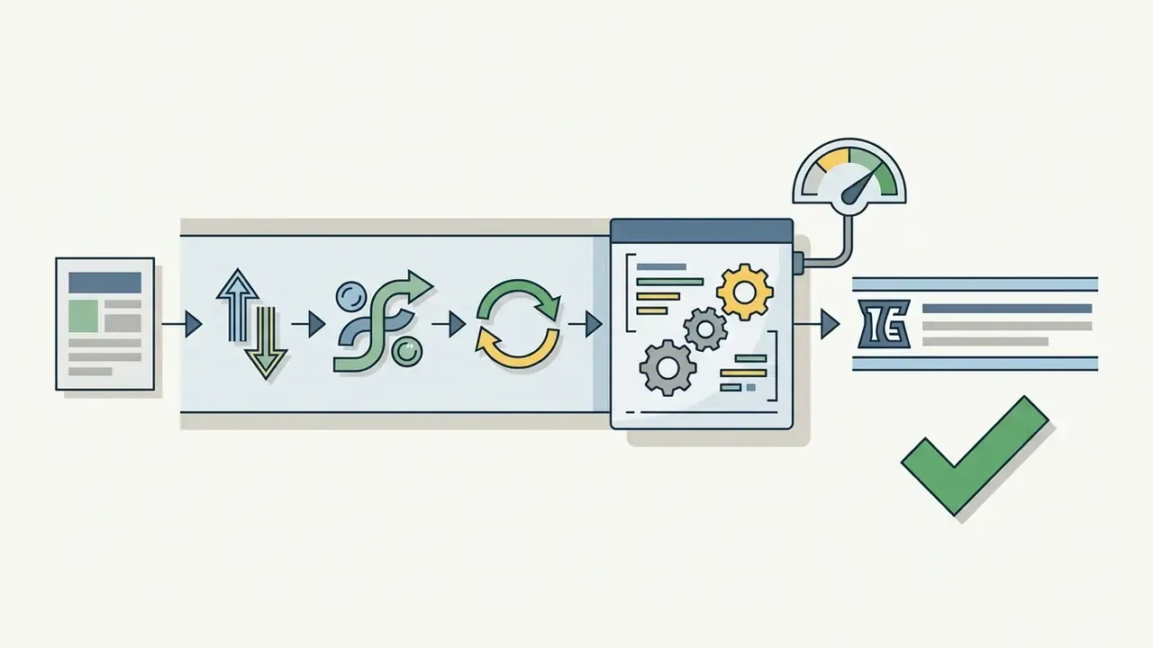 Document icon feeding into a processing belt with transformation symbols leading to a gear hub and checkmark
