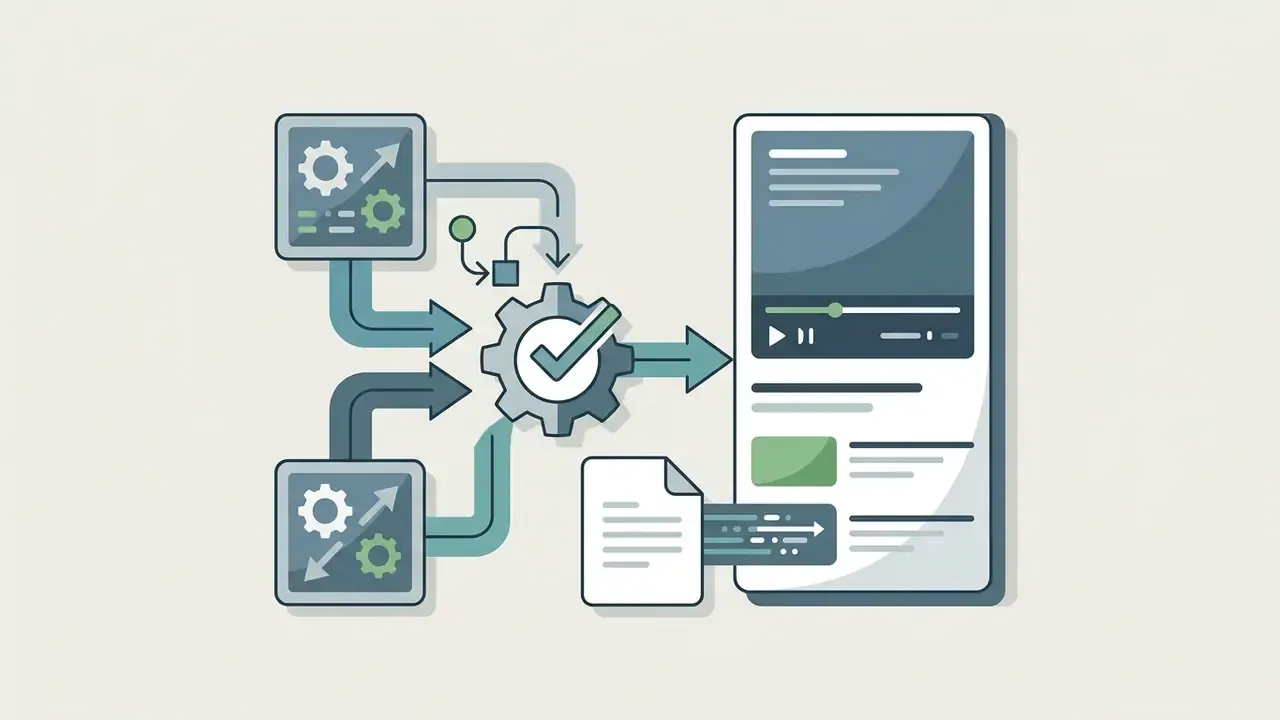 Processing icons feeding into a central gear with a checkmark before outputting to a video interface