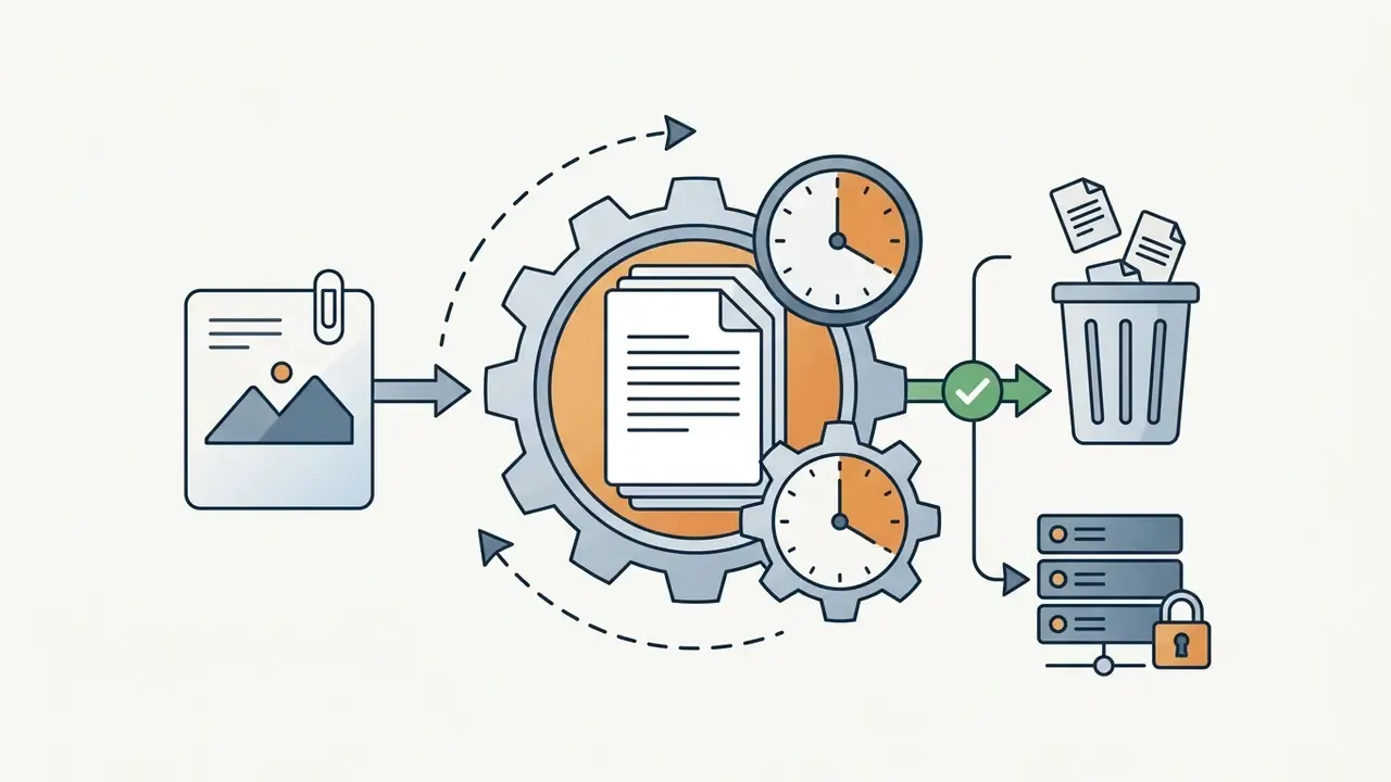 Document icon feeding into a gear system with clocks that branches into a trash bin and server storage