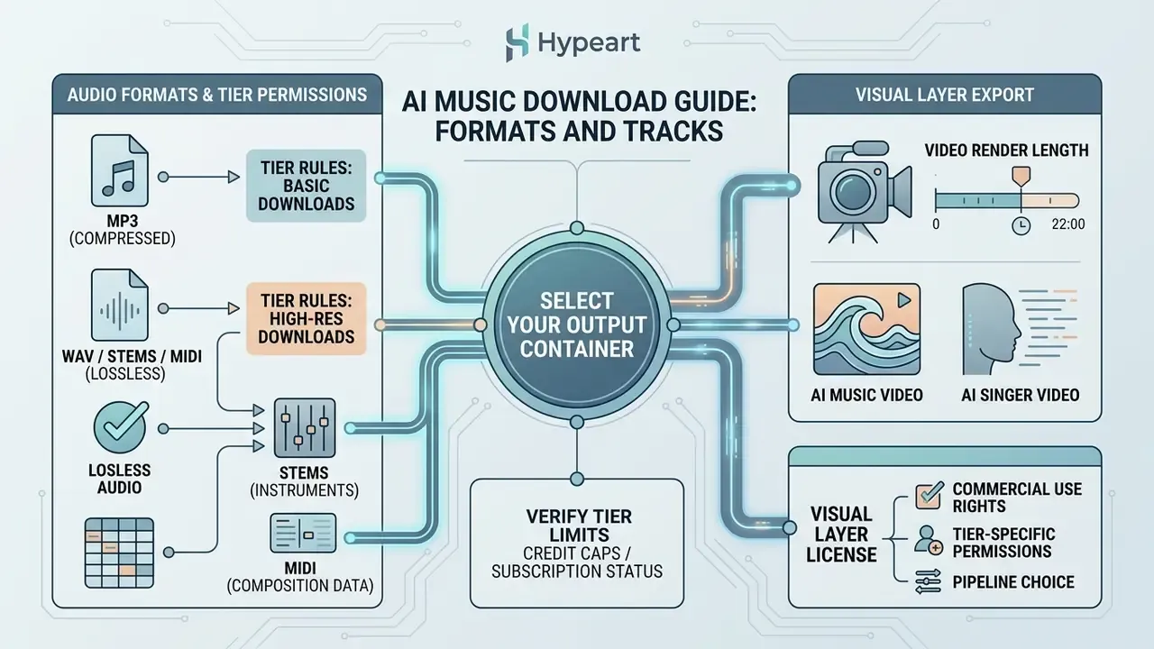 Infographic showing audio format selection and visual layer export options for an ai music generator
