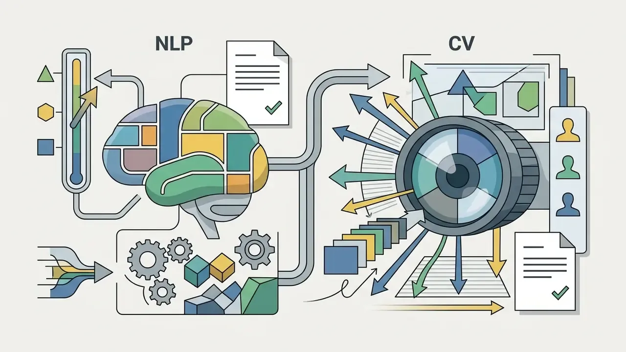 Conceptual representation of NLP and computer vision processing video data with brain and camera icons