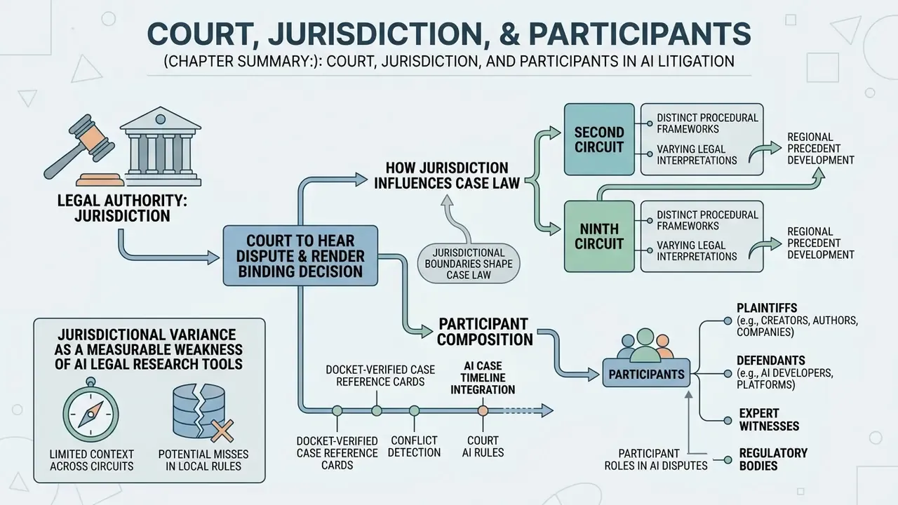 Diagram mapping how jurisdiction and participant roles influence legal outcomes in AI litigation
