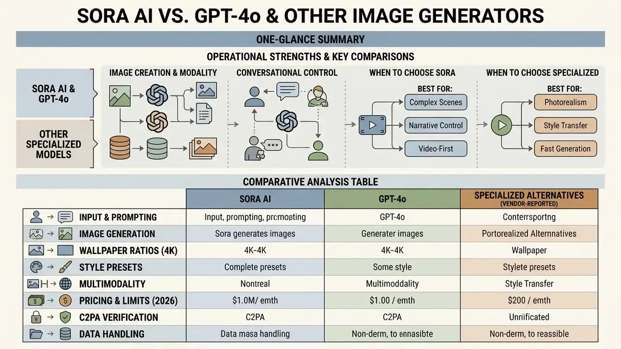 Comparison chart detailing operational strengths and technical specifications for Sora AI, GPT-4o, and other models