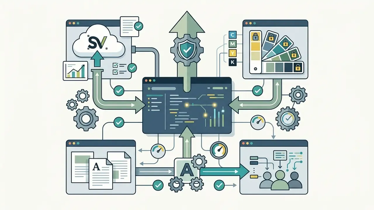 Cloud storage, color palettes, and typography assets feeding into a central hub to manage brand compliance