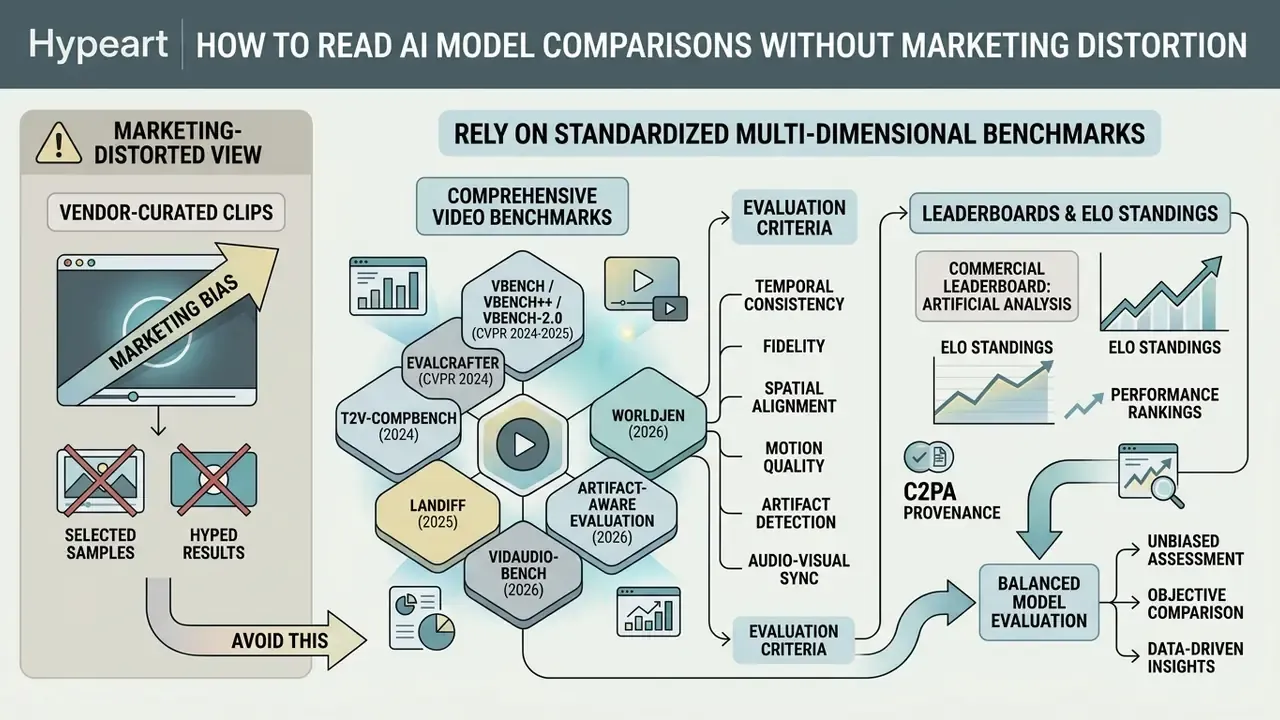 Infographic contrasting biased vendor clips with standardized benchmarks for objective AI model evaluation