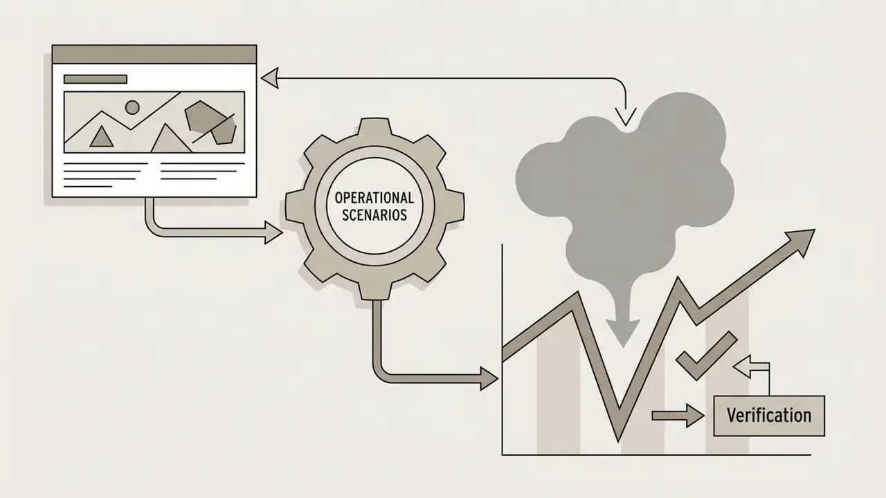 Synthetic image feeding into an operational scenarios gear that impacts market trends and verification
