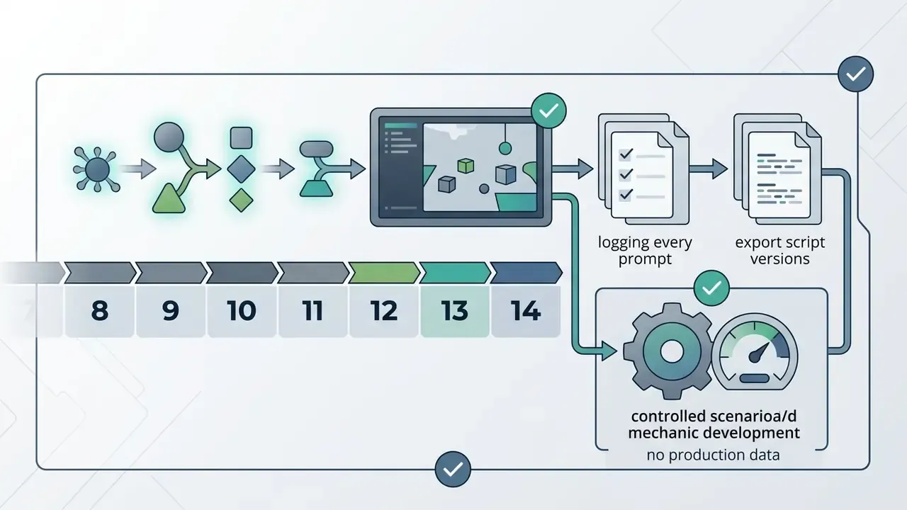 Timeline showing synthetic input workflows leading to script exports and controlled mechanic development
