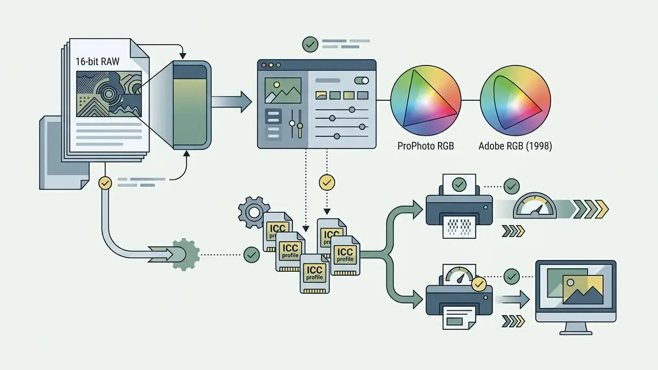 Workflow connecting 16-bit RAW files to editing software, color space assignment, and print output control