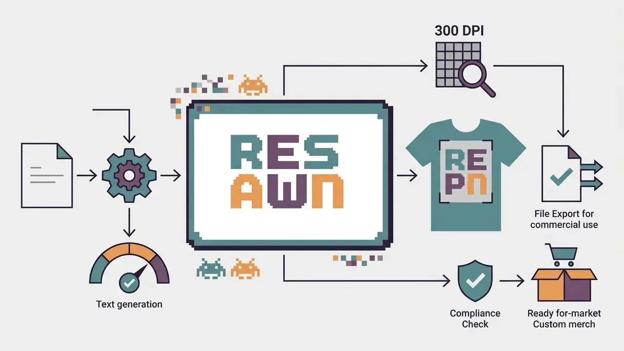 Workflow showing pixelated text being processed, checked for resolution, and applied to a t-shirt for export