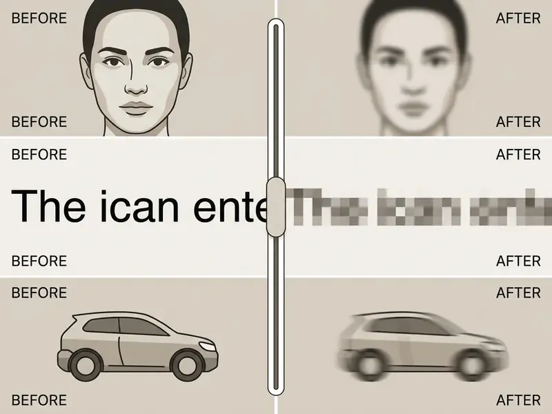 Interactive slider comparing soft facial blur, text pixelation, and motion blur on a moving car