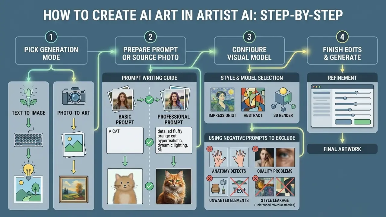 Four-step infographic detailing prompt engineering, model selection, and negative prompt usage for digital creation
