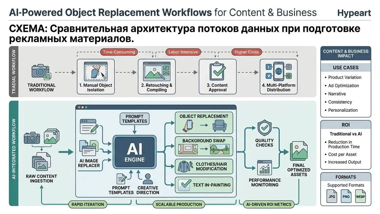 Comparative diagram contrasting traditional manual content production with an automated AI-driven workflow