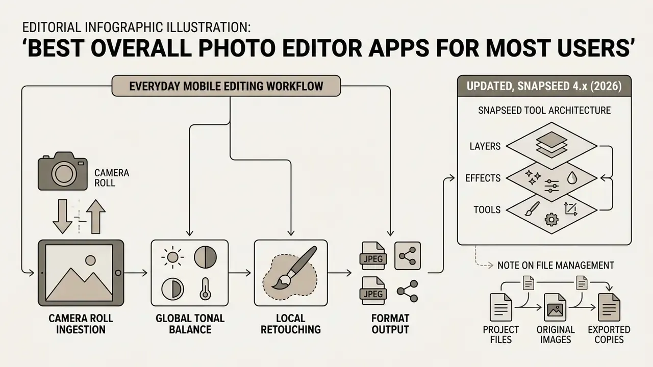 Diagram showing the mobile photo editing workflow from camera roll ingestion to final file output