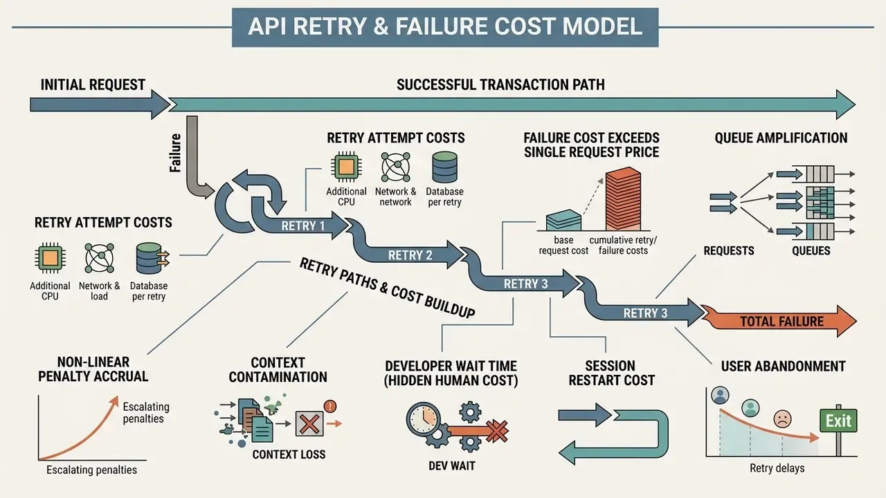 Flowchart illustrating how repeated API retry attempts lead to non-linear cost increases and system strain