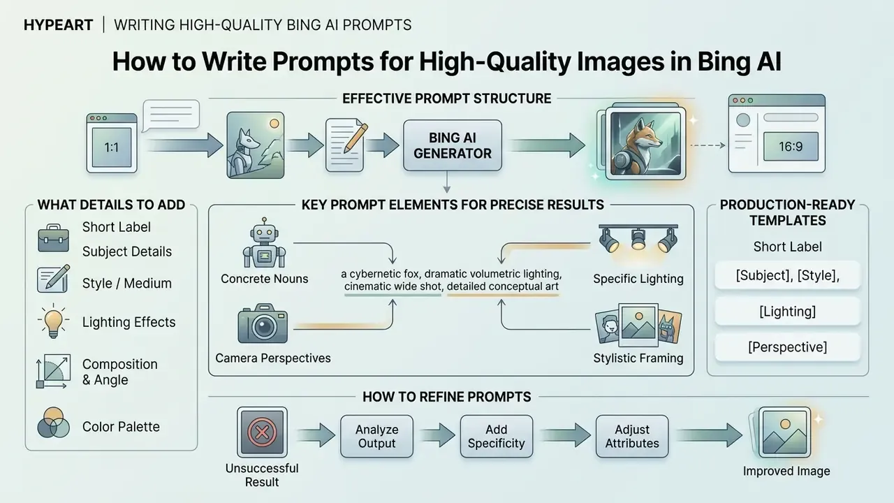 Visual guide outlining prompt structure, key elements, and refinement steps for the Bing AI generator