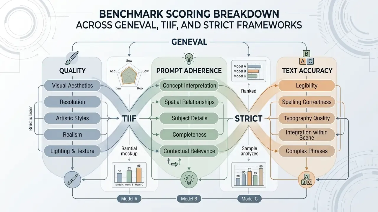 Flowchart mapping GenEval, TIIF, and STRICT frameworks to evaluate AI image generation performance