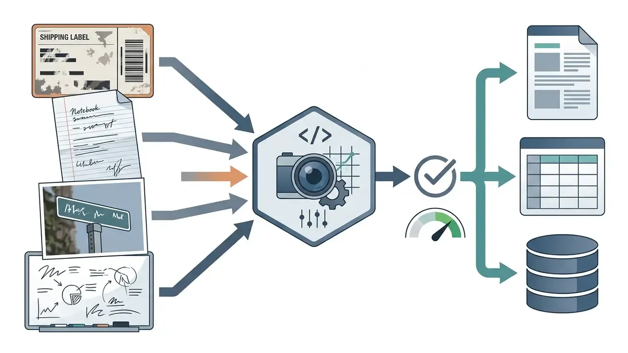 Real-world visual inputs processed by a central vision engine into digital documents and databases