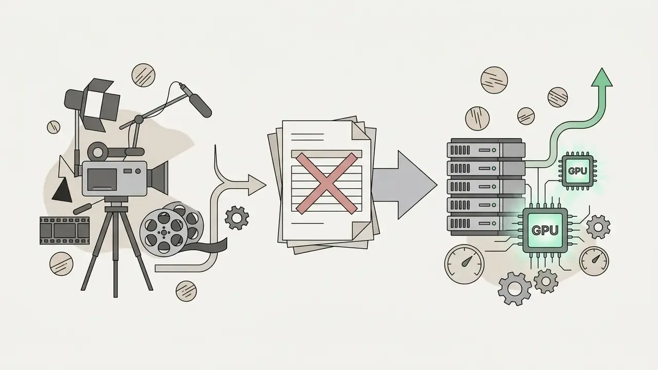 Physical film equipment crossed out and replaced by server racks and GPU processing for Text-to-Video AI