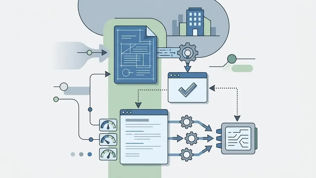 Blueprints and documents moving through gears and gauges toward a digital verification and processor unit