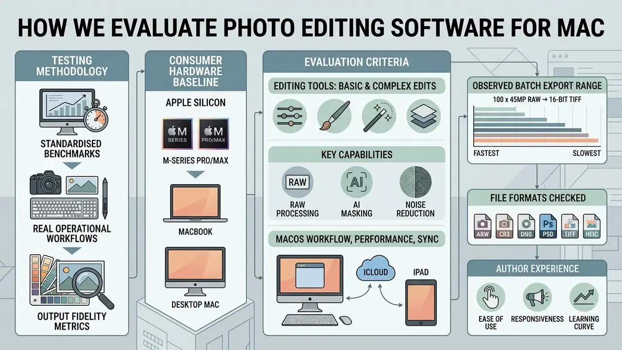 Flowchart detailing testing methodology, hardware baselines, and criteria for photo editing software for Mac