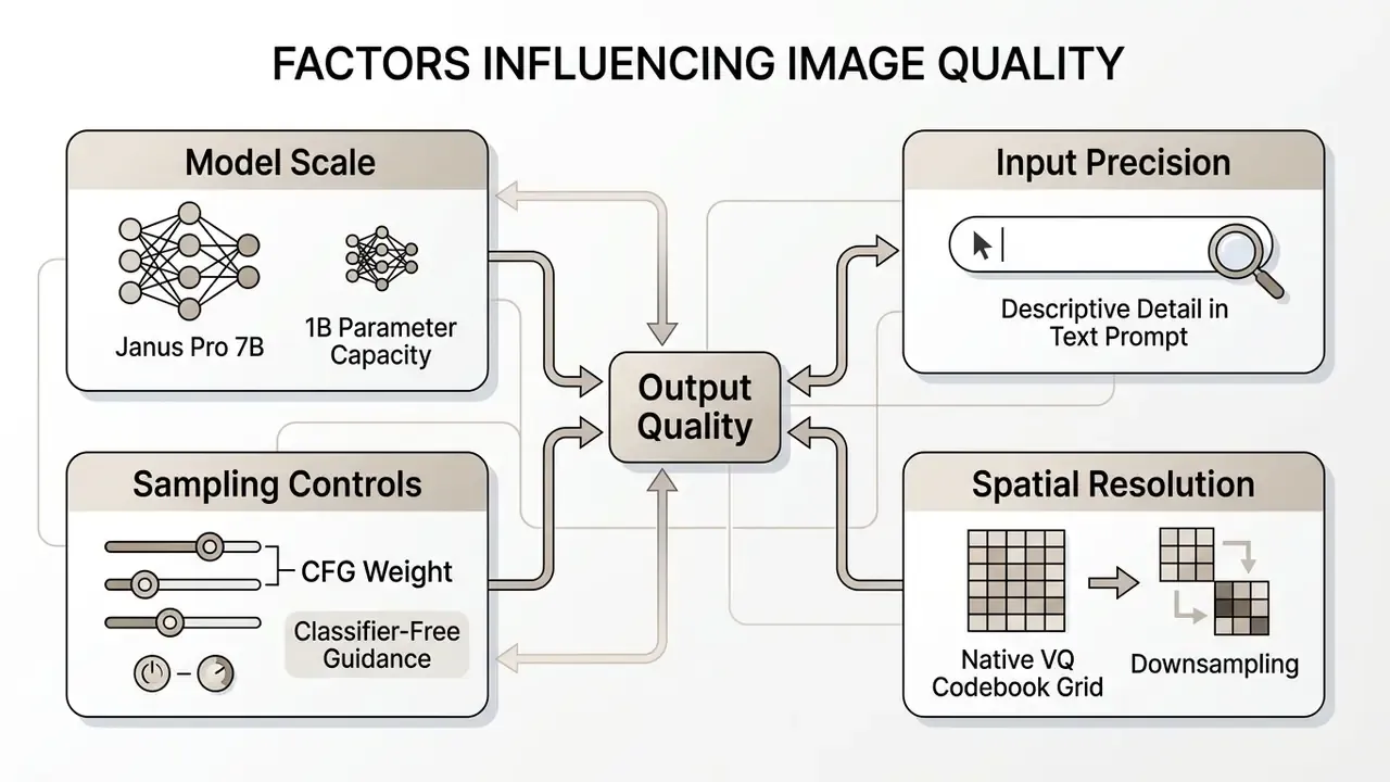 Diagram showing how model scale, sampling controls, input precision, and spatial resolution affect image quality