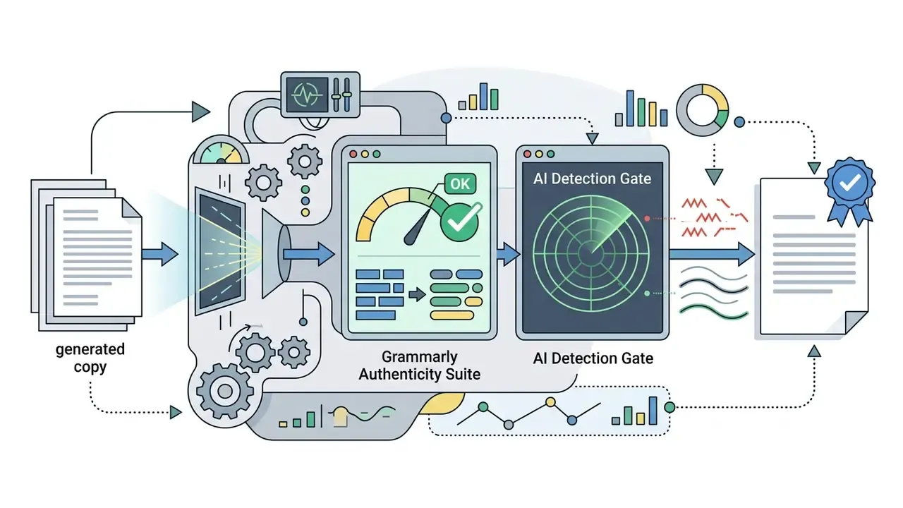 System processing generated copy through Grammarly Authenticity Suite and AI detection gates for verification
