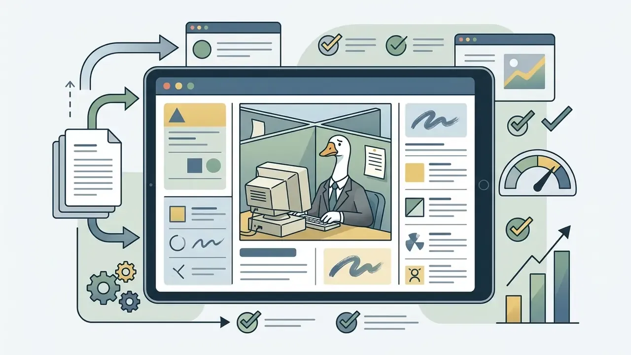 Tablet screen displaying a goose in a business suit working at an old computer within an office cubicle