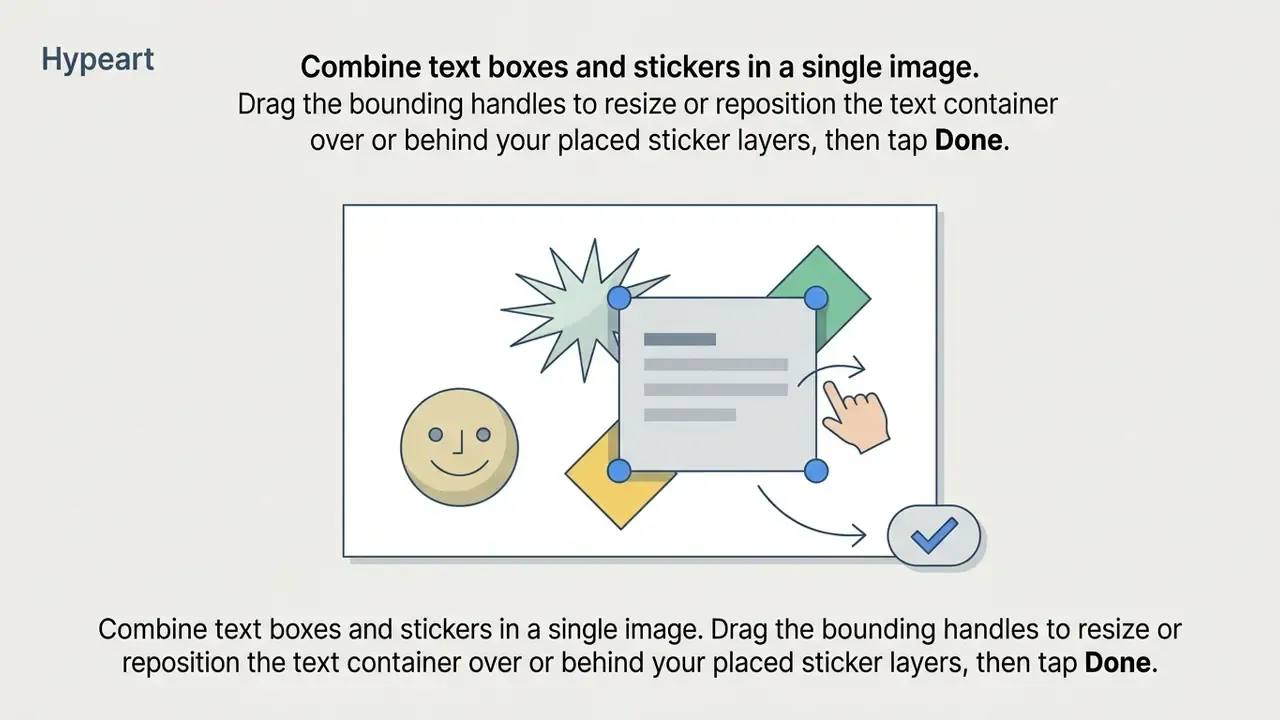 Hand icon dragging a text box with bounding handles over various sticker shapes on a digital canvas