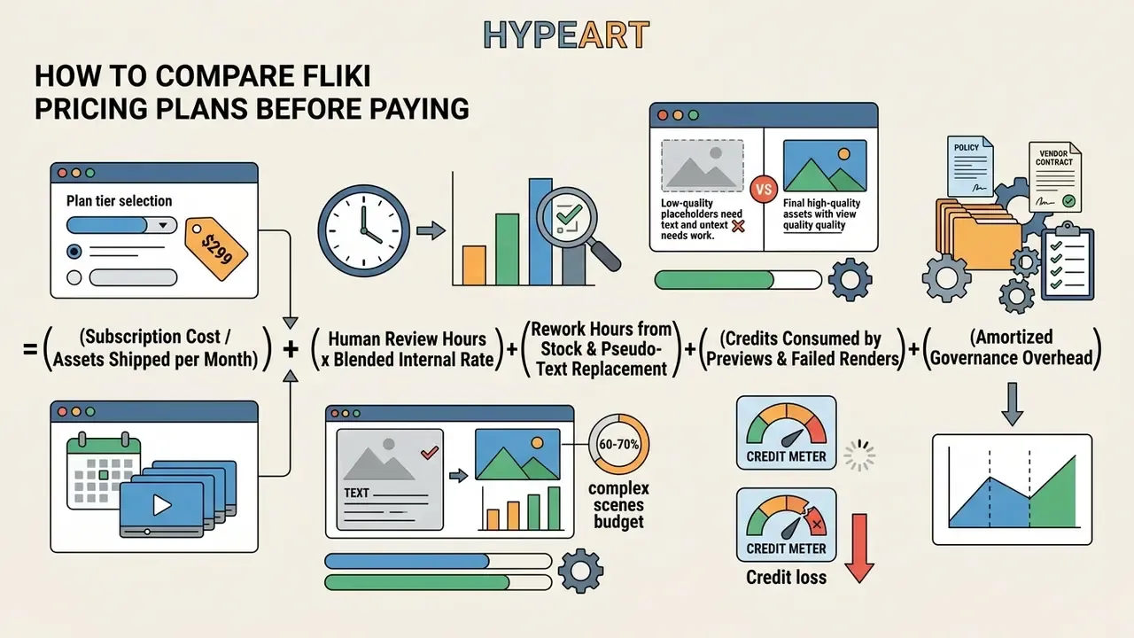 Mathematical formula breaking down the total cost of ownership for Fliki AI video production workflows
