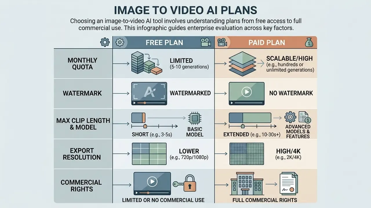 Comparison table contrasting free and paid subscription features for video generation services