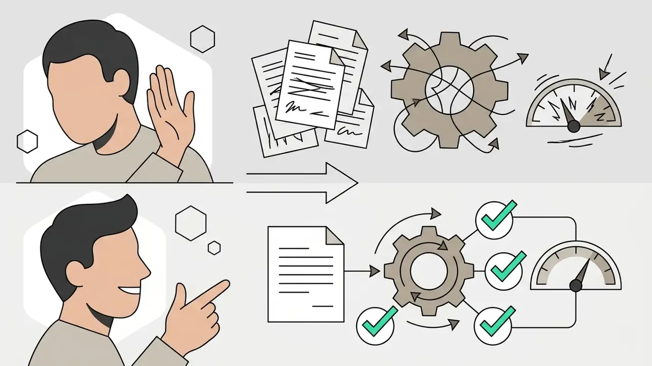 Man rejecting a pile of messy paperwork and choosing a streamlined automated process with checkmarks