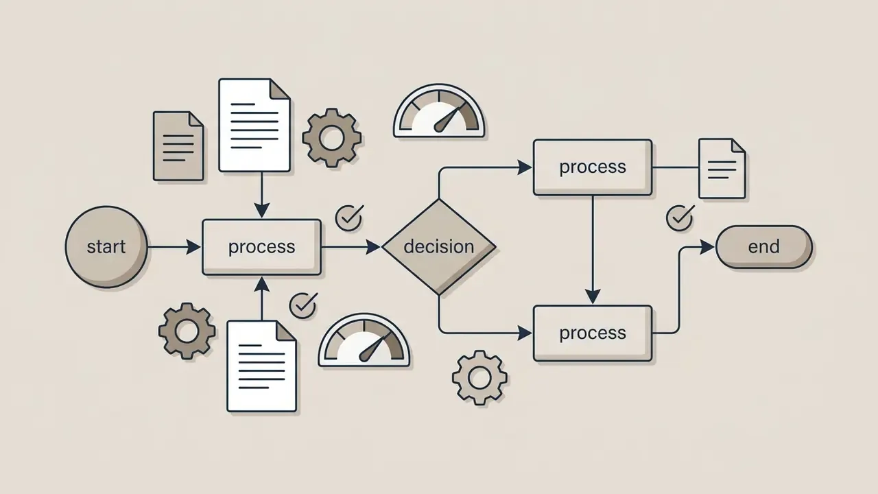 Standardized symbols for tasks, decision points, and documents arranged in a sequential workflow diagram