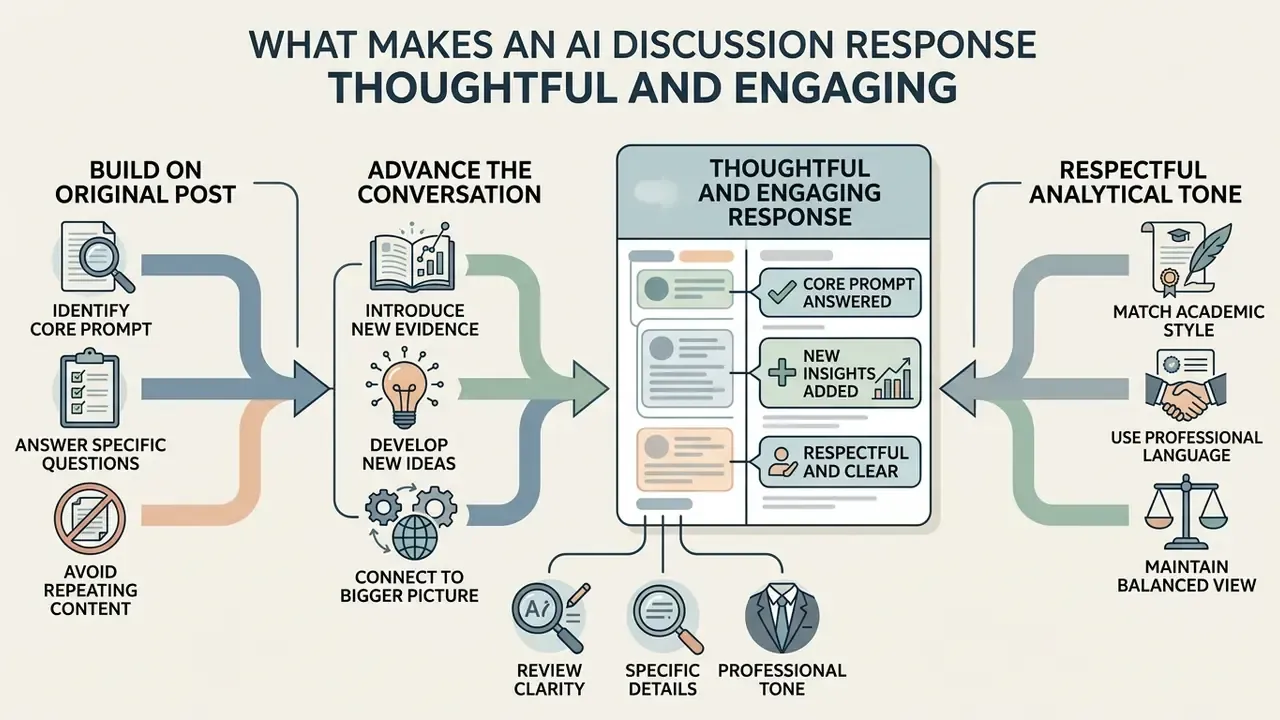Infographic showing how to create a thoughtful and engaging AI discussion response through structured steps