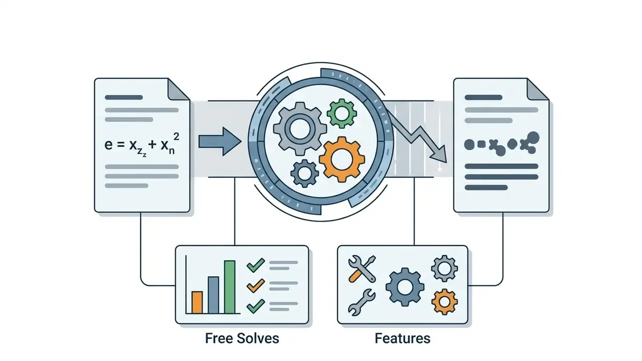 Document with a math formula entering a gear processor that outputs analyzed data and feature sets