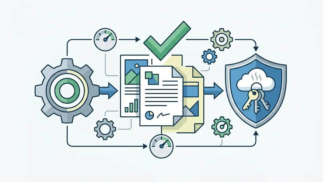 Gear and documents moving through a checkmark process into a cloud security shield with keys