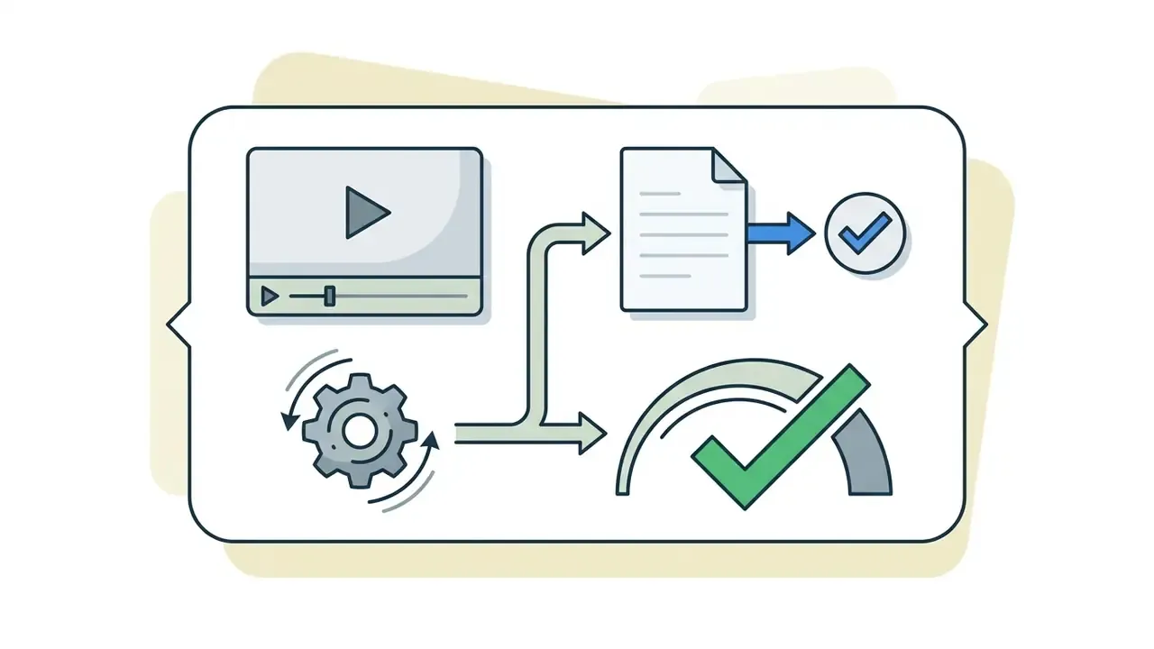 Video processing workflow showing automated transcription to a document and performance optimization