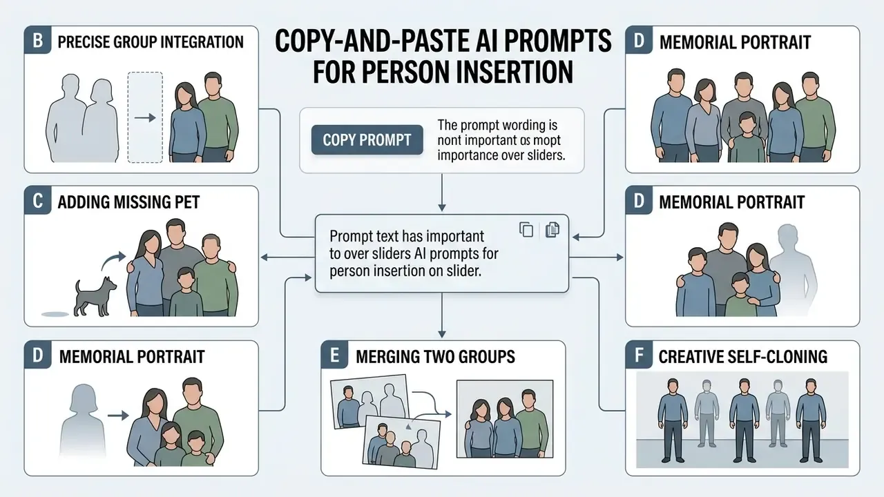 Diagram showing various AI prompt scenarios to add a person to photo online free