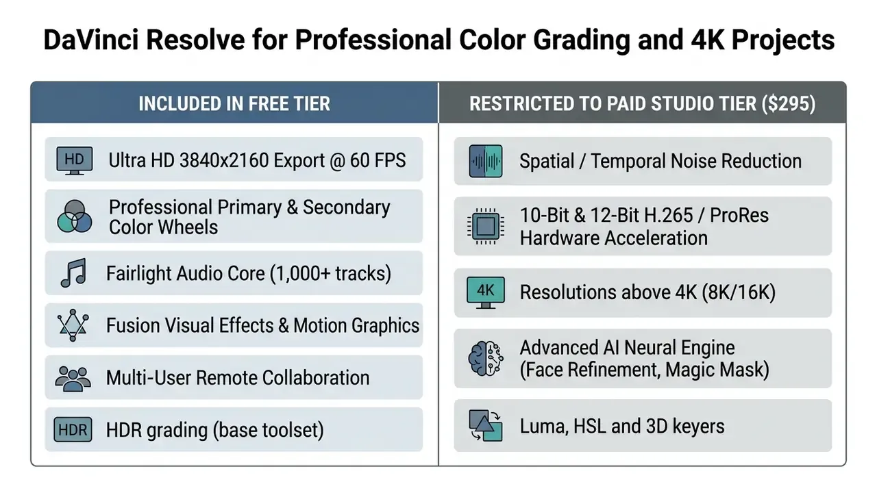 Table comparing features included in the free version of DaVinci Resolve versus the paid Studio tier