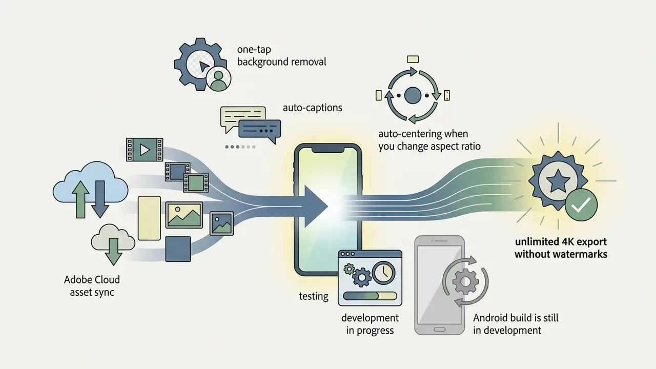 Mobile video editing features like cloud sync, auto-captions, and 4K export workflows