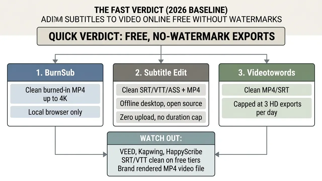 Flowchart comparing three free tools for adding subtitles to video online without watermarks