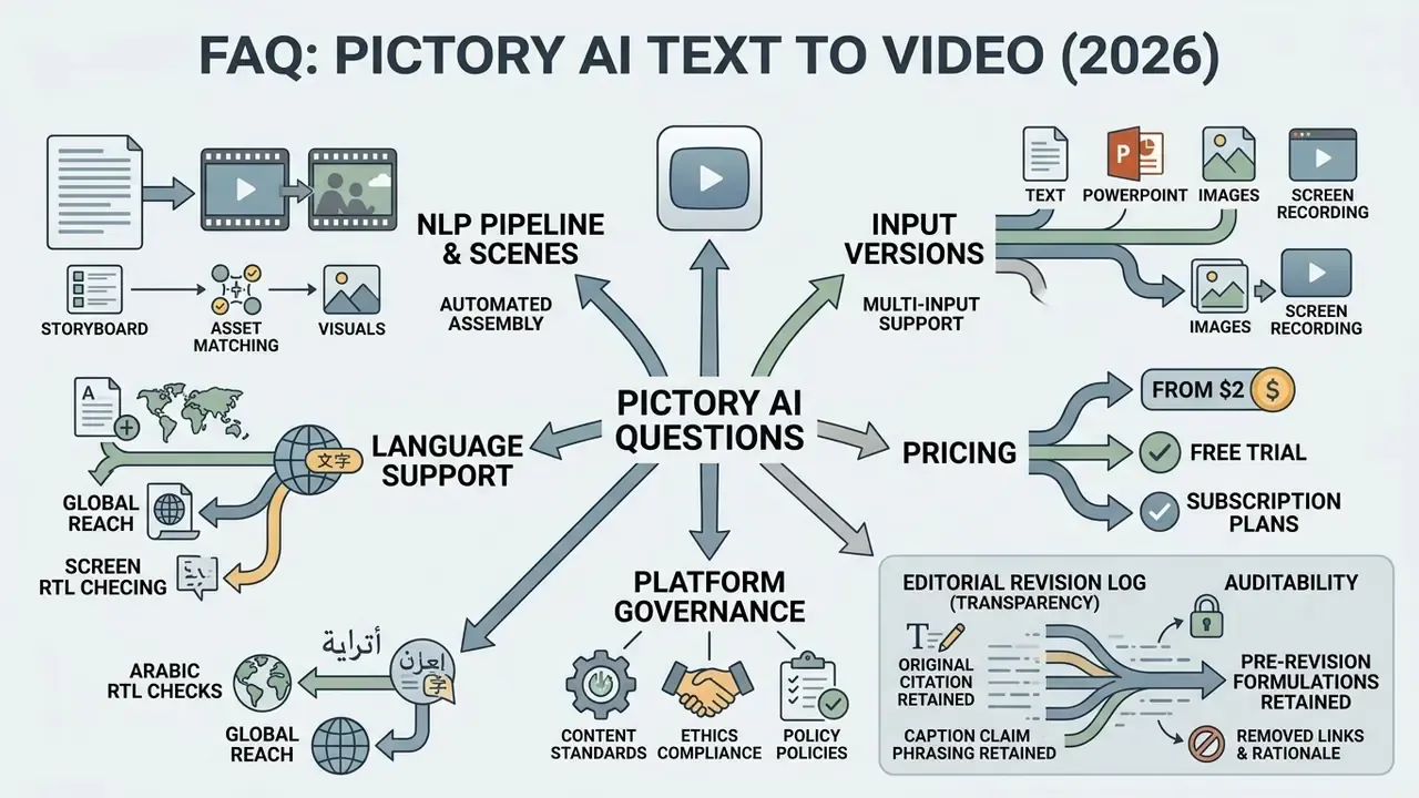 Central map of Pictory AI questions branching into input, pricing, language, governance, and audit logs