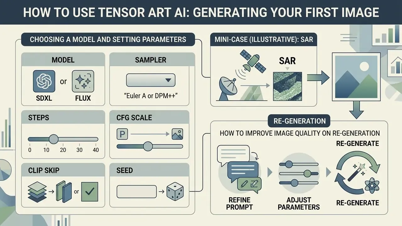 Steps for selecting models, adjusting generation parameters, and refining image quality through iteration