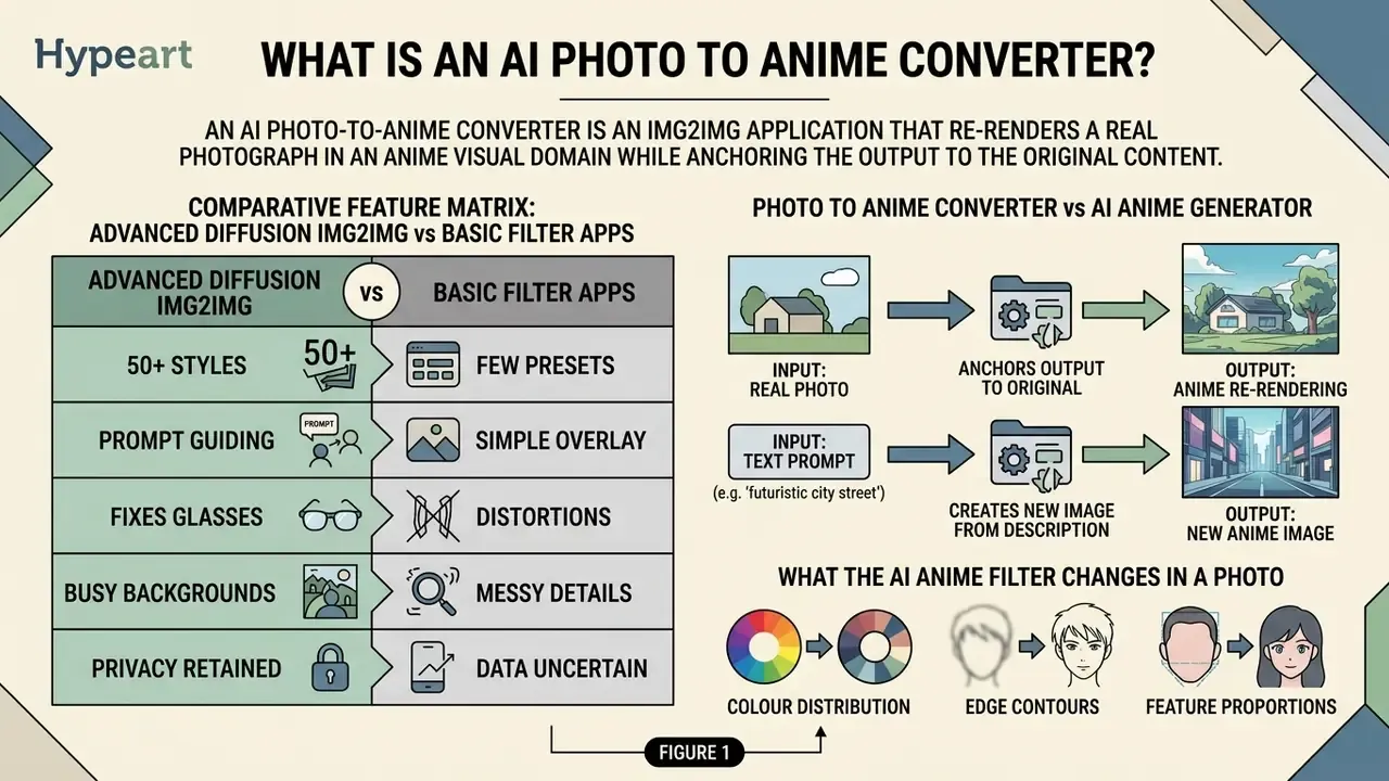 Comparison table and diagrams illustrating how an AI photo to anime converter processes visual data