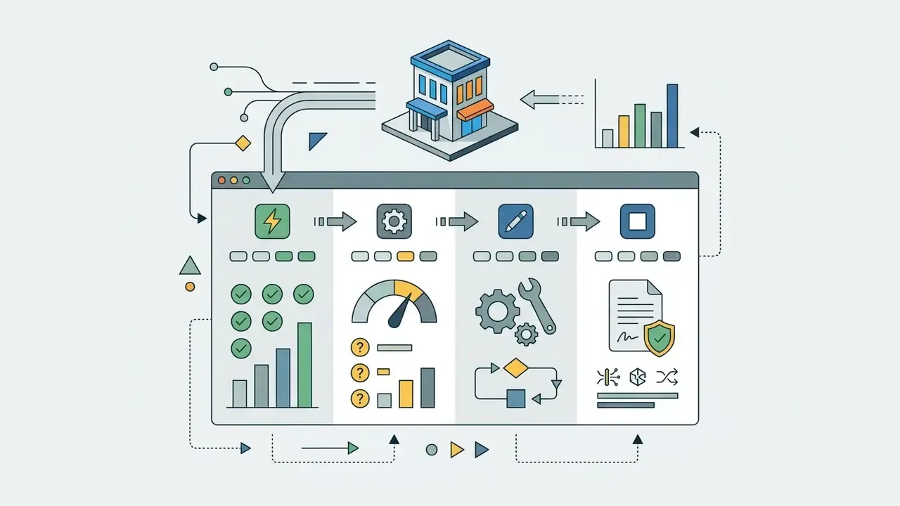 Vector building icon linked to a dashboard showing workflow steps for a free AI image generator in 2025