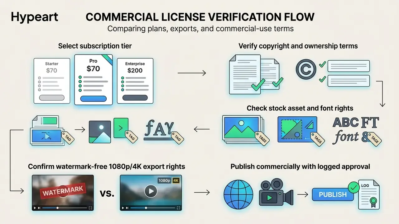 Step-by-step diagram showing subscription selection, copyright verification, asset rights, and publishing