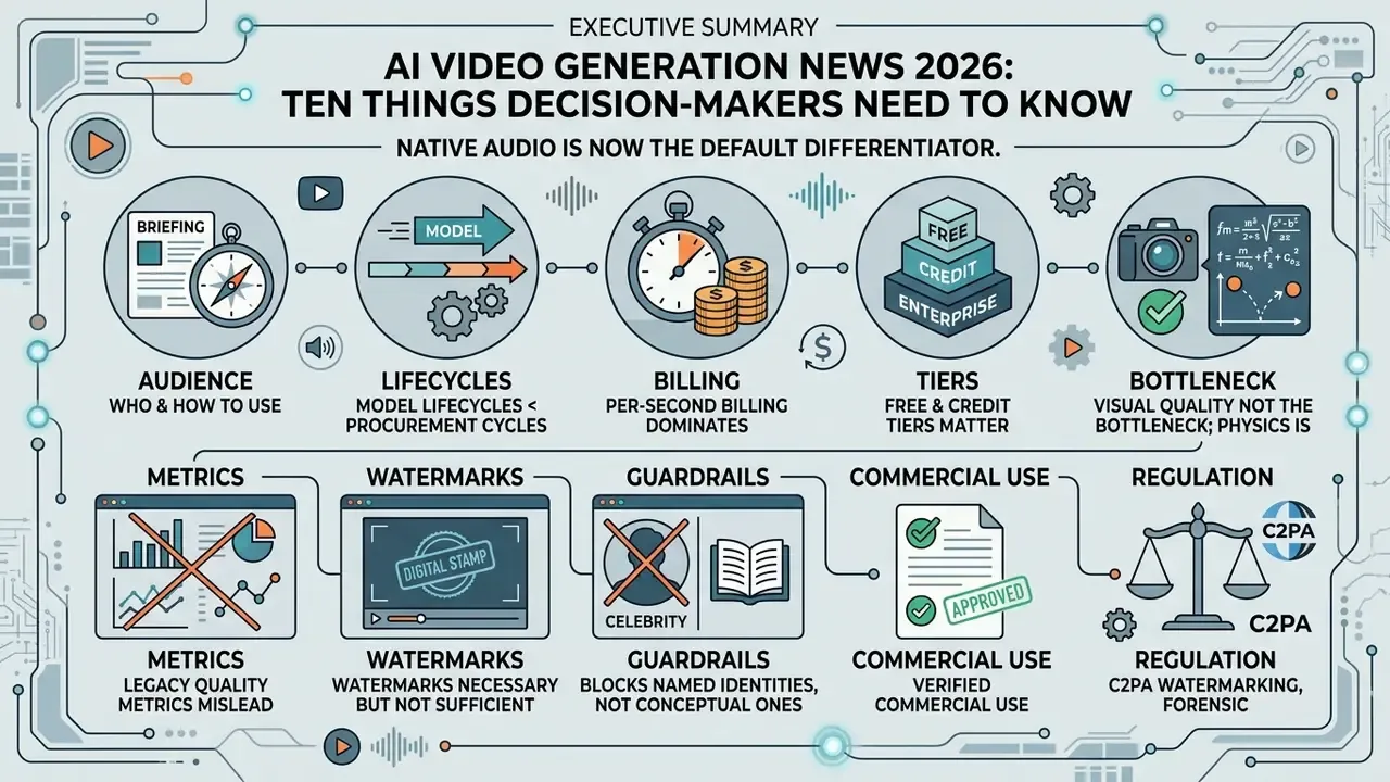 Infographic outlining ten key considerations for AI video generation news in 2026